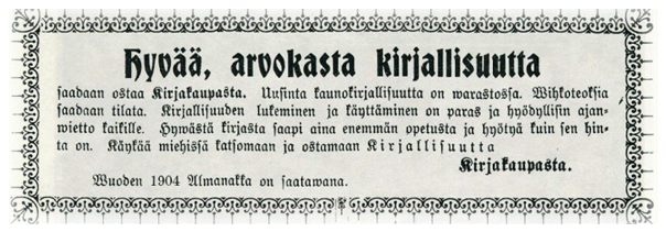 Tyrvn Kirjakaupan mainos Tyrvn Sanomissa 1904.